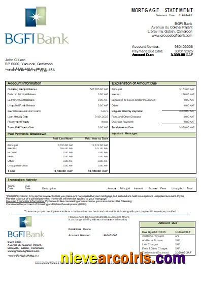 Cameroon BGFI bank mortgage statement